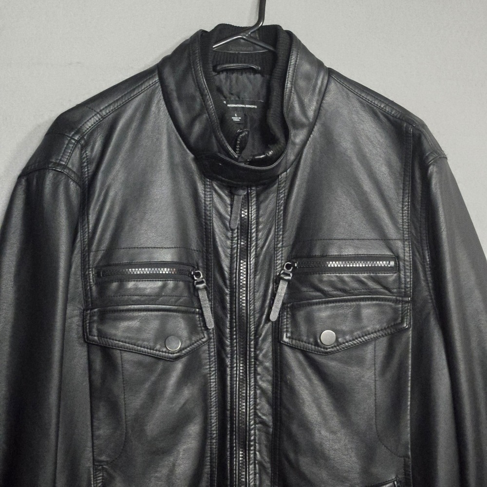 INC Motorcycle Style Mens Faux Leather Bomber Jacket Black L Multi-Pocket